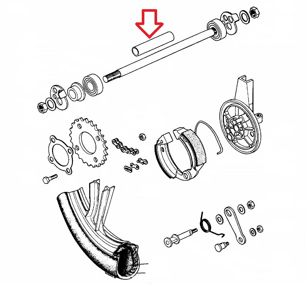 Čaura odstojnik točka Tomos A3 A35 fi 13,5x17,2x64 mm zadnji liveni