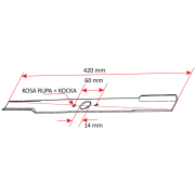 Nož kosačice L 420 mm fi 14mm (kosa rupa+kocka) TREX