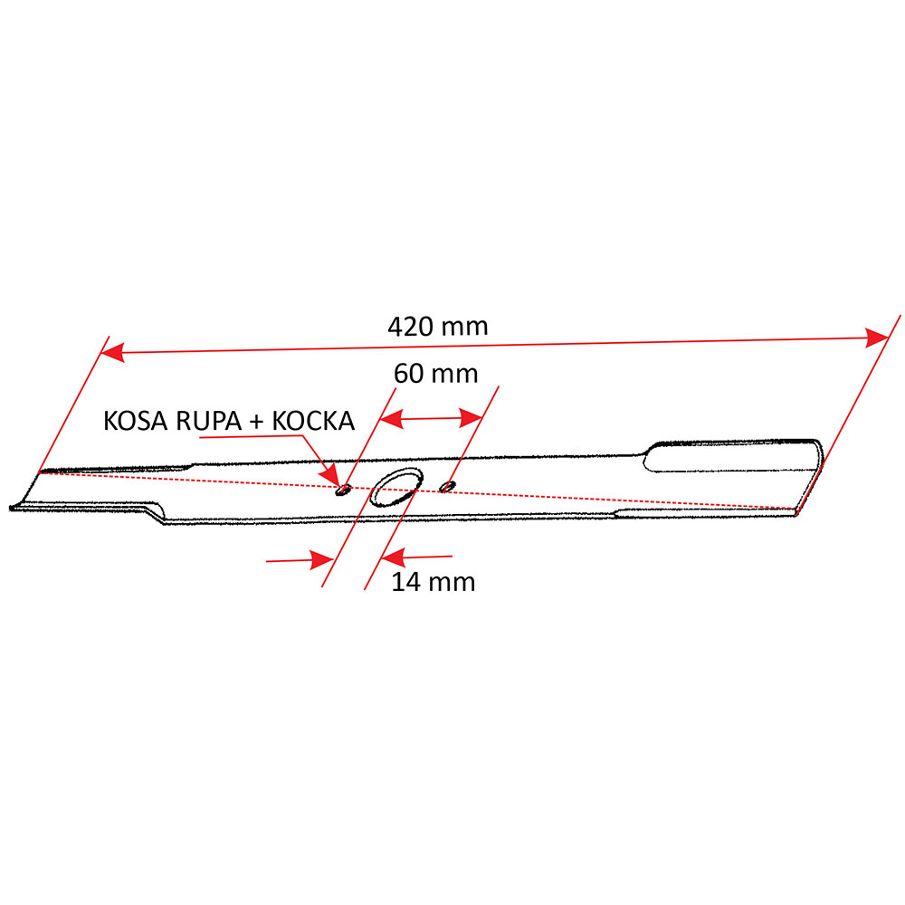 Nož kosačice L 420 mm fi 14mm (kosa rupa+kocka) TREX