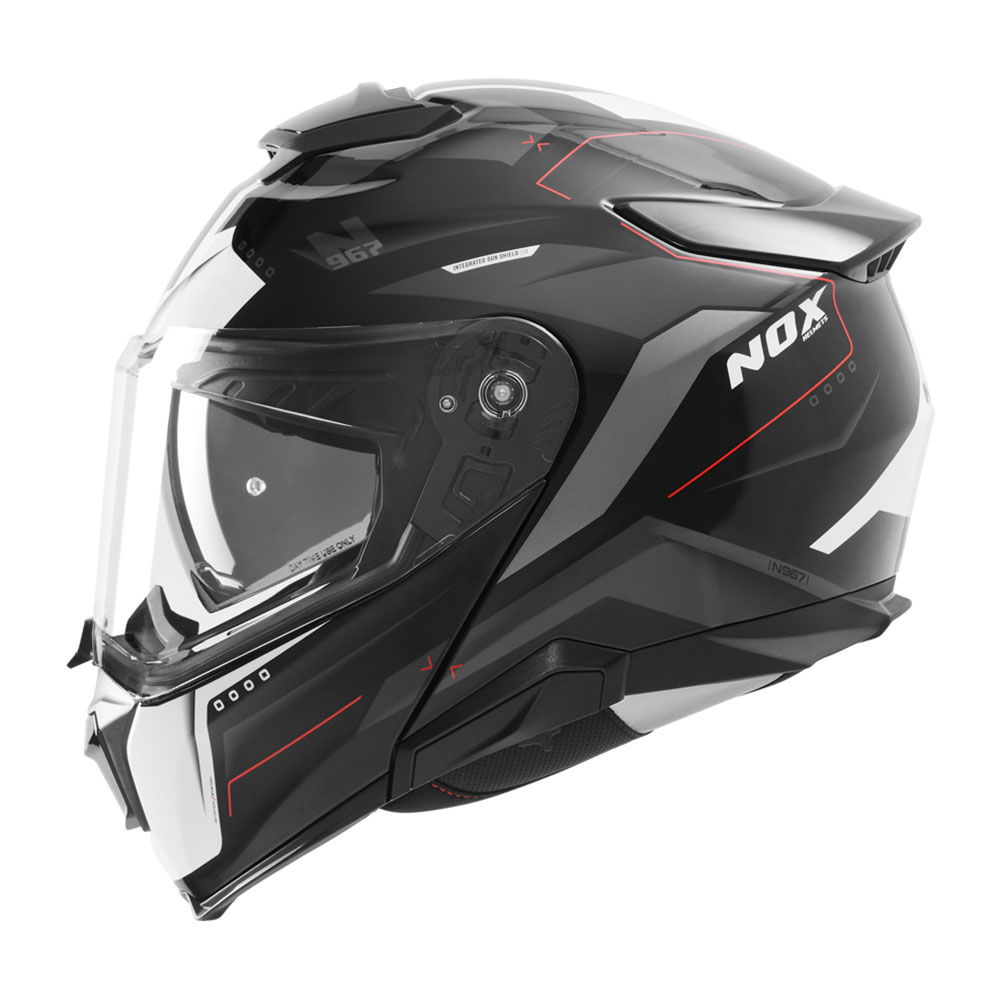 Kaciga NOX Flip Up N967 CONQUER sa naočarima crno belo crvena 2XL